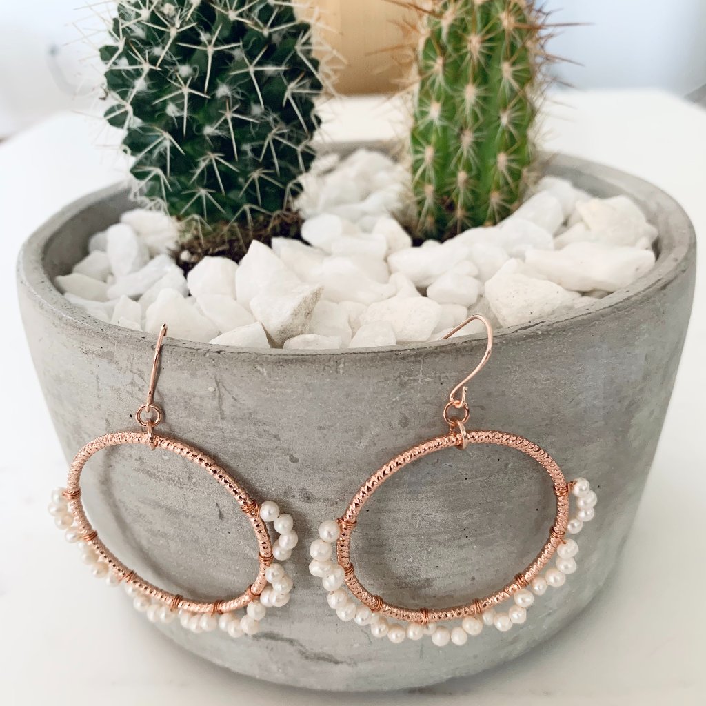 Rose Gold Dangling Hoops With Semi Precious Pearls